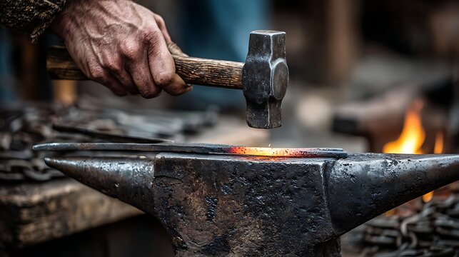 A blacksmith using hammer and anvil to shape metal with sparks