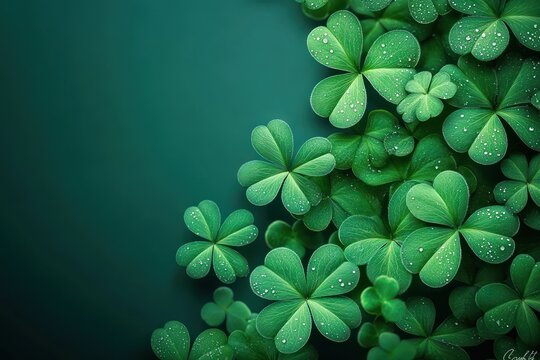 Close-up of lush green clover leaves with dewdrops on a dark green gradient background, evoking calm fresh spring serenity