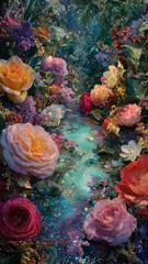Magical Overgrown Garden Stream Flowing Through Oversized Sparkling Roses And Luminous Glitter Confetti.