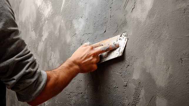 A close-up view of person at work applying plaster to a wall with a trowel