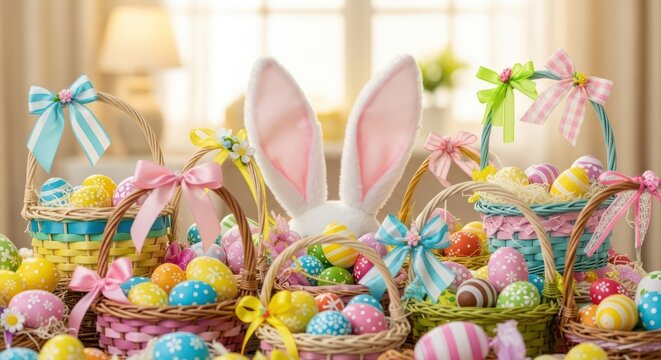 Enchanting easter spectacle woven baskets colorful eggs rabbit ears gentle light - Powered by Adobe