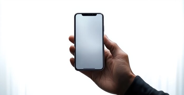hand presenting a modern smartphone with a blank glowing screen against a bright white background, minimal clean presentation and neutral anticipatory mood - Powered by Adobe