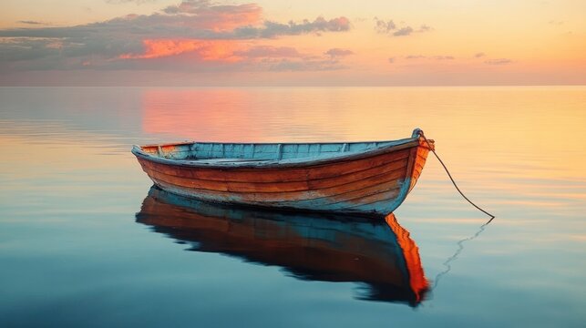 tethered wooden rowboat floating on glassy water at pastel sunset with soft clouds and warm reflection, evoking calm solitude