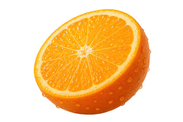 Fresh orange fruit half with vibrant pulp and water drops on transparent background, showing healthy citrus