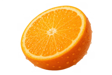Fresh orange fruit half with vibrant pulp and water drops on transparent background, showing healthy citrus