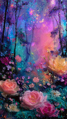 Vivid Fluid Art Resin Forest With Translucent Pink Roses Suspended In Swirling Iridescent Liquid Medium