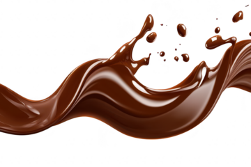 A smooth. flowing wave of rich. dark chocolate with splashes and droplets. creating a dynamic visual effect. perfect for culinary themes. advertisements. or dessert presentations