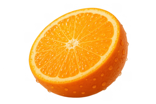 Fresh orange fruit half with vibrant pulp and water drops on transparent background, showing healthy citrus