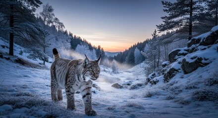 Solitary lynx traversing a pristine snow-covered landscape during the tranquil twilight hours