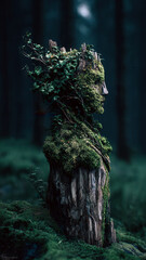 Conceptual Profile Bust Sculpted From Tree Stump Covered In Green Moss And Thriving Ivy Vines.