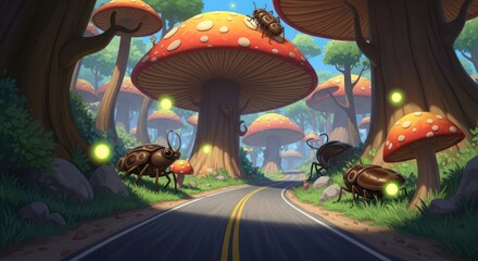 Enchanted mushroom forest roadway with glowing beetles and whimsical fungi landscape