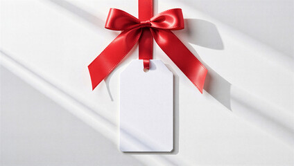 Blank white gift tag with a red satin ribbon and bow hanging against a bright white background