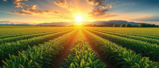 endless rows of young green crops leading to a glowing golden sun at the horizon with distant mountains and dramatic clouds, warm light evoking peace and hope