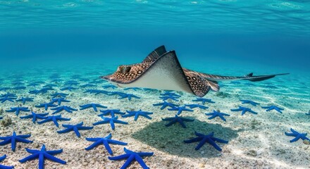 Underwater elegance ray and starfish ballet in clear ocean waters captivating scene
