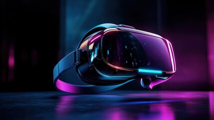 Sleek futuristic virtual reality headset with glossy reflective visor and glowing blue and magenta neon lights on a dark surface, evoking immersive excitement and wonder