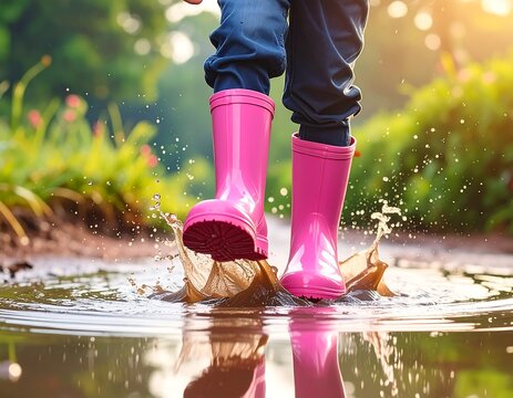 A child in bright pink wellington boots leaps into a puddle, creating a splash of water, with blurry greenery behind
