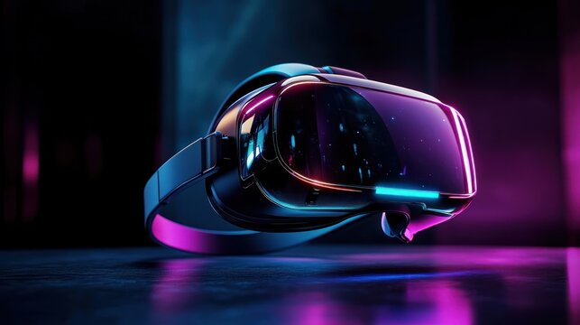 Sleek futuristic virtual reality headset with glossy reflective visor and glowing blue and magenta neon lights on a dark surface, evoking immersive excitement and wonder