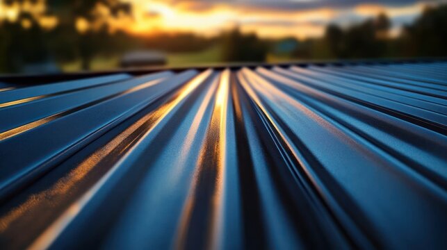 close-up of corrugated metal roof panels reflecting warm sunset light with blurred treeline and sky, evoking a calm peaceful mood - Powered by Adobe