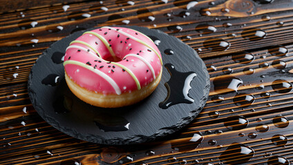 A delightful pink donut with white stripes on a black plate, surrounded by water droplets