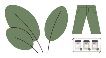 Green leaves, eco-friendly pants, and a digital interface with product options portraying sustainability. Ideal for eco-lifestyle, organic shopping, product marketing, sustainable living, e-commerce