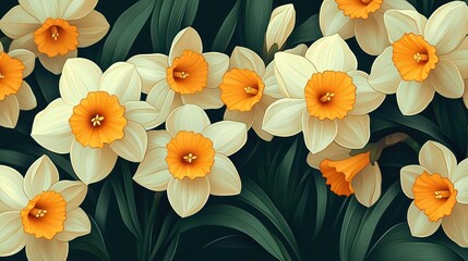 Cluster of cream and orange daffodil blossoms with lush green leaves against a deep background, evoking cheerful springtime serenity