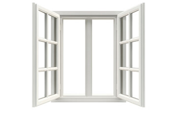 A beautifully designed white window with open shutters. allowing natural light to flood in. creating a bright and airy atmosphere. perfect for enhancing indoor spaces and home decor