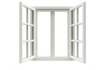 A beautifully designed white window with open shutters. allowing natural light to flood in. creating a bright and airy atmosphere. perfect for enhancing indoor spaces and home decor