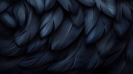 layered dark blue and black feathers in close-up, soft silky plumage evoking mystery and elegance