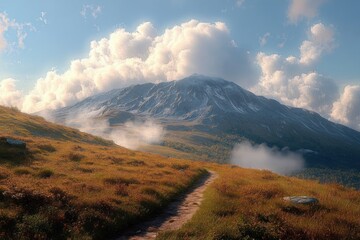 winding dirt path through golden meadow leading to a misty rugged mountain beneath billowing clouds, serene and majestic mood
