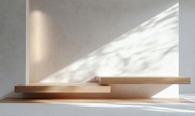 minimalist interior with two floating wooden platforms against a textured plaster wall lit by diagonal sunlight and soft dappled tree shadows, calm and serene atmosphere
