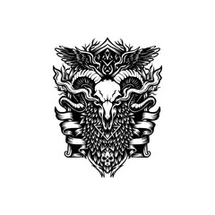 Hand drawn black and white sheep skull illustration