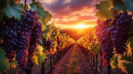 ripe purple grape clusters hanging from vine leaves in sunlit vineyard rows at golden sunset, serene warm harvest atmosphere