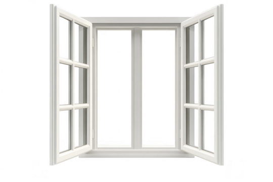 A beautifully designed white window with open shutters. allowing natural light to flood in. creating a bright and airy atmosphere. perfect for enhancing indoor spaces and home decor - Powered by Adobe