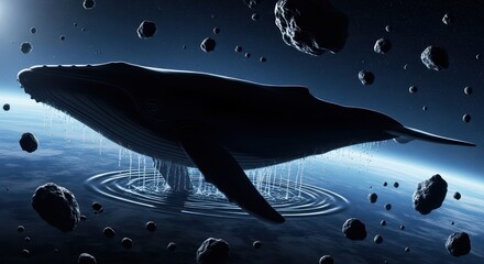 Cosmic leviathan swimming among celestial asteroids in a dreamlike atmosphere panorama