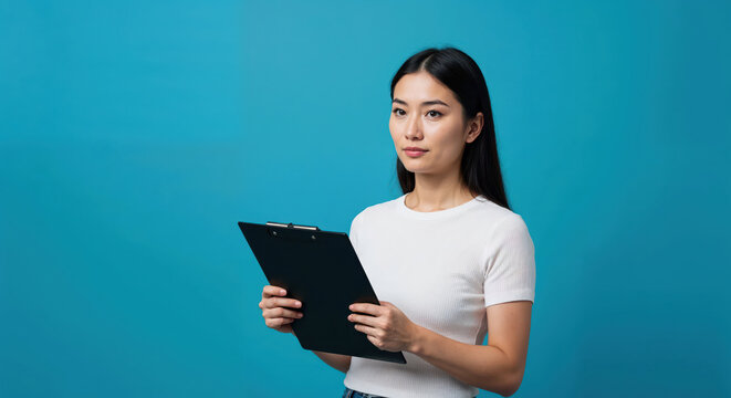 Focused Contemplation: An elegant woman, stands poised with a clipboard, lost in thought. Reflecting a moment of focus and concentration in front of blue backdrop. - Powered by Adobe