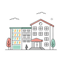 Illustration of a school building with trees and clouds, isolated on a simple representation of education and learning environment