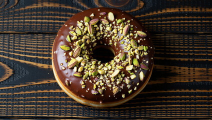 Overhead shot of a single chocolate donut with pistachios on a dark wooden background