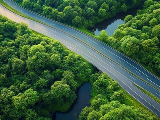 aerial view of an empty curving highway cutting through a dense green forest with calm dark waterways, evoking a peaceful tranquil mood