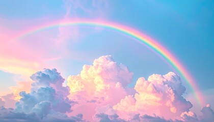 Vivid rainbow arches over fluffy, pastel-colored clouds