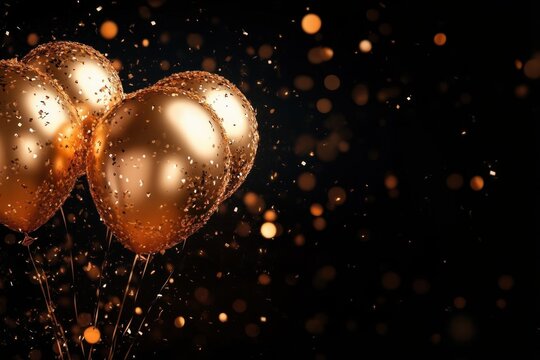 Three glossy gold balloons with scattered gold confetti and warm bokeh lights against a dark background, festive glamorous and joyful atmosphere - Powered by Adobe