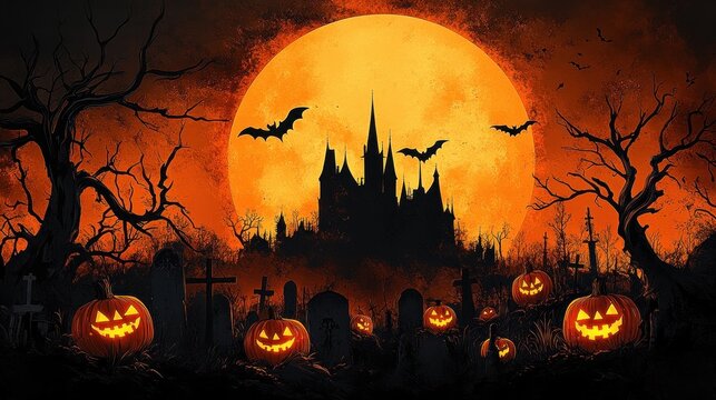 Ominous haunted castle silhouette before a giant orange full moon over a foggy graveyard with glowing jack-o'-lanterns, crooked tombstones, bare twisted trees and flying bats