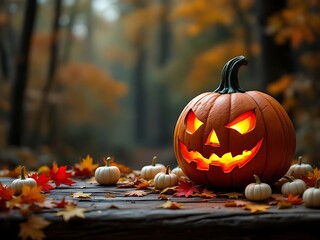 A glowing jack-o’-lantern sits on a rustic wooden table surrounded by white pumpkins and autumn leaves. Set in a forest with a moody fall atmosphere