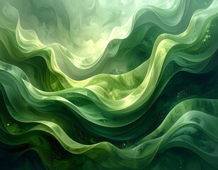 Abstract flowing organic shapes and lines in a range of green hues with textures, light, and movement