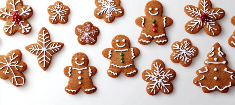 assorted gingerbread cookies on white background: smiling gingerbread people, snowflake, tree and flower shapes decorated with white icing and candy buttons, festive joyful mood - Powered by Adobe
