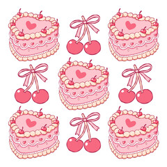 Coquette Cherry Cake Collection Vector, Hand Drawn Vintage Retro Cake Doodle, Trendy Pink Valentine Hearts Cakes Design Vector