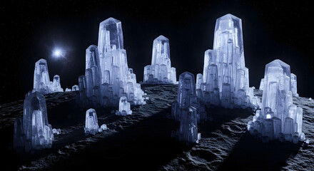 Crystal formations illuminated in a dark environment creating a stunning visual.