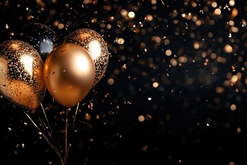 glamorous black and gold balloons with shimmering confetti and floating ribbons against a dark bokeh background, evoking festive celebration and elegant excitement