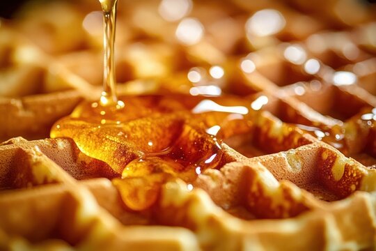 Close-up of a golden waffle with syrup being poured, glistening sticky surface and warm appetizing mood