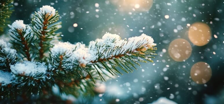 snow-covered evergreen pine branch with falling snow and warm bokeh lights, serene winter scene