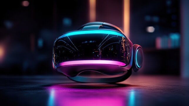 Sleek hovering virtual reality headset with glossy mirrored visor and glowing ear cups bathed in neon cyan and magenta light against a moody bokeh background, futuristic immersive wonder